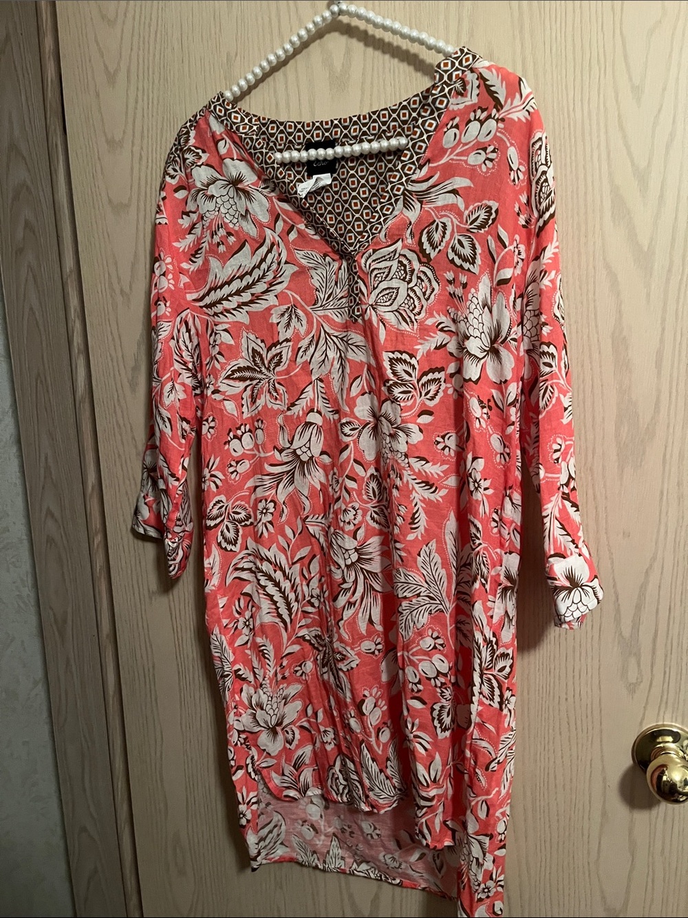 Echo Coral Floral V-Neck Dress with Geometric Trim
